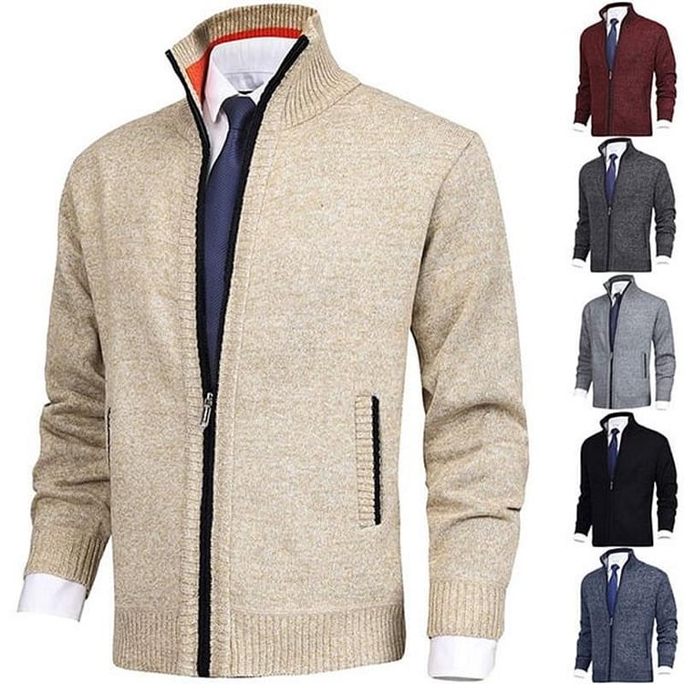 Cardigan maglione lavorato a maglia alla moda a collo alto da uomo in tinta unita