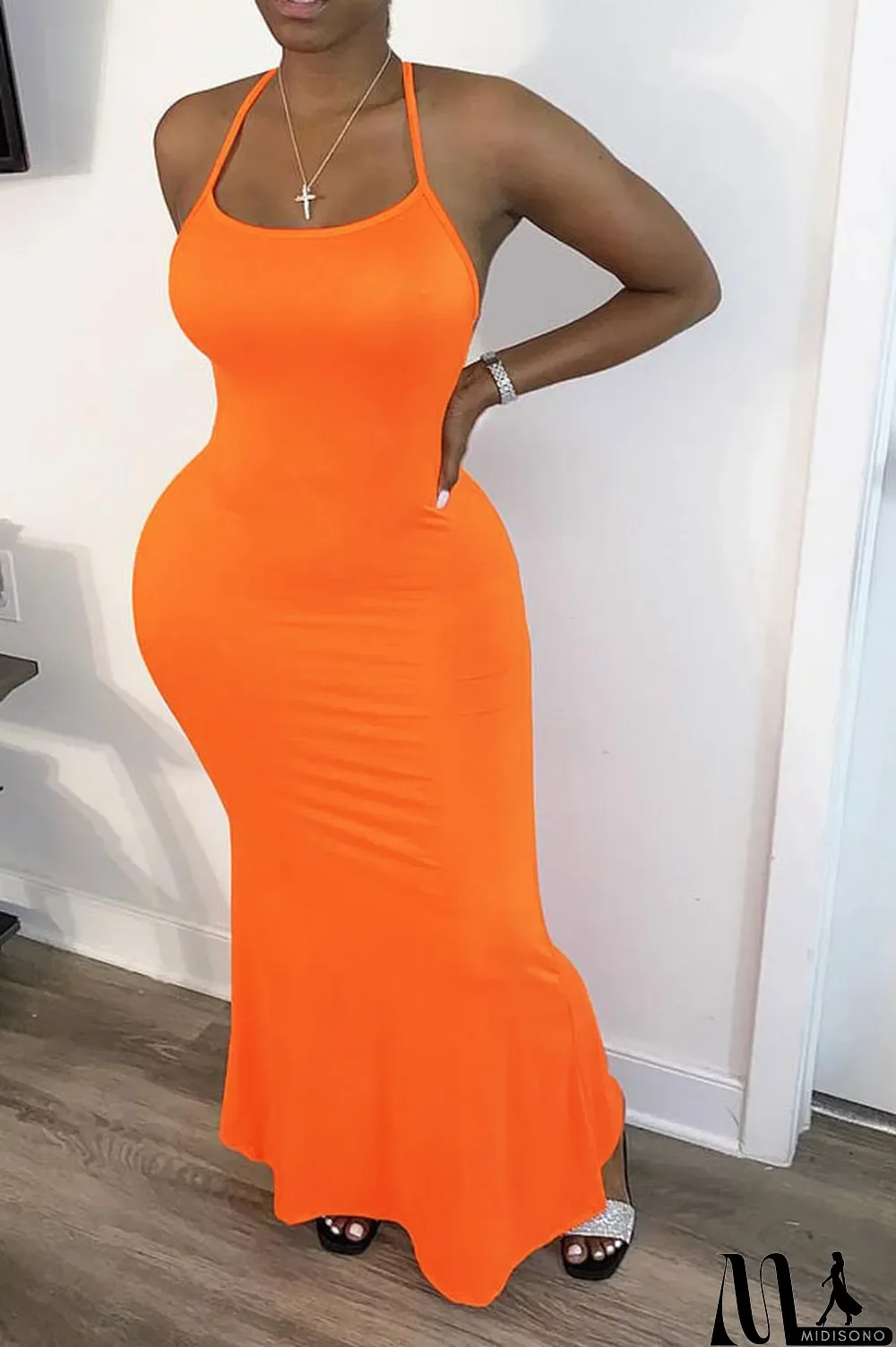 MidiSono - Orange Sexy Orange rose red Shallow yellow Spaghetti Strap Sleeveless Slip Mermaid Ankle-Length Solid Dresses