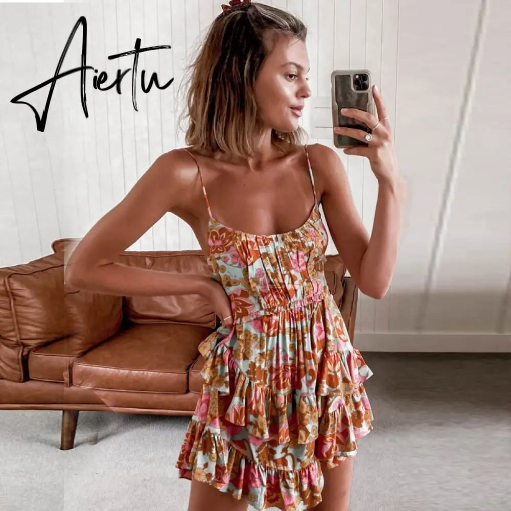 Casual Floral Elegant French Dress Summer Women Sexy Backless Bandage Halter Pink Flower Print Beach Style Mini Dress Aiertu