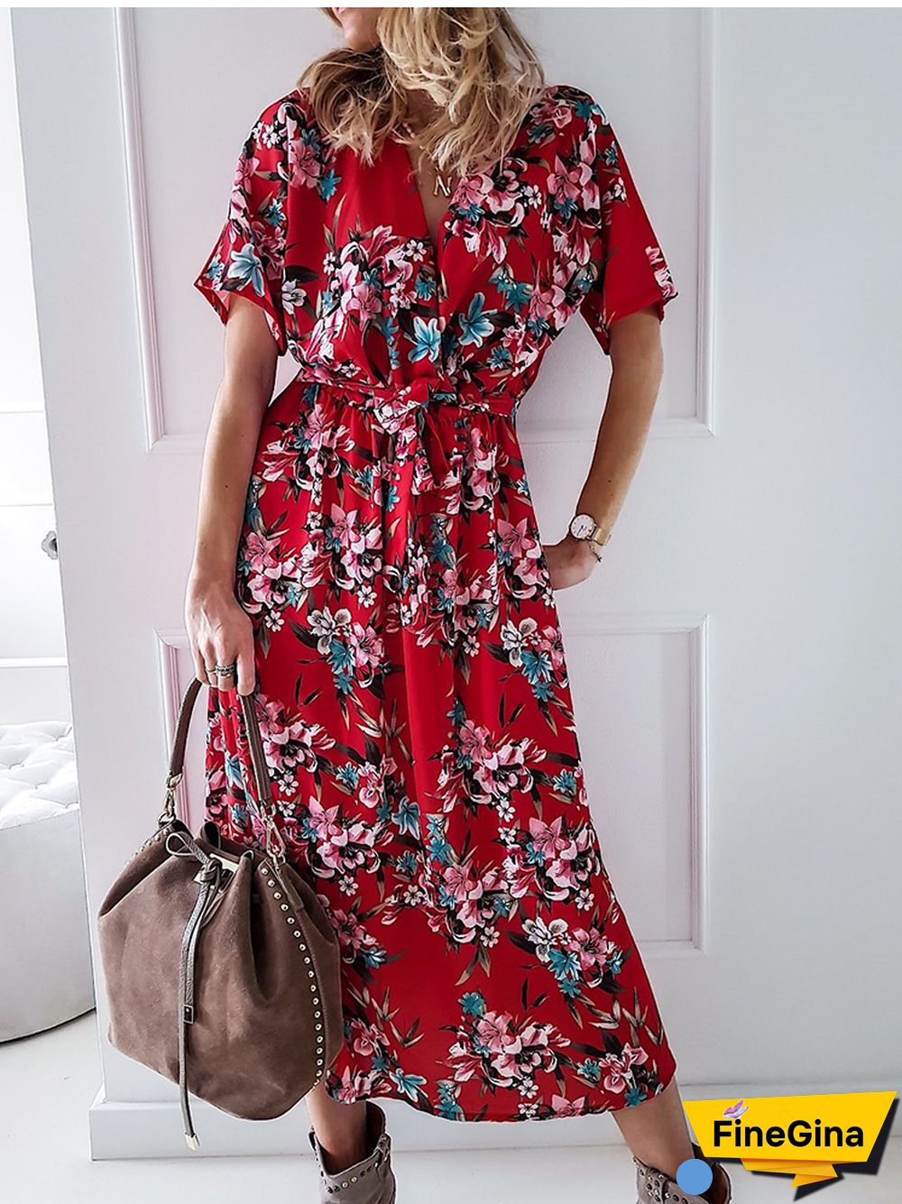 Women Casual Dress Summer Floral Print Red Maxi Dress Fashion V-neck Short Sleeve Elegant Lace Up Beach Party Dresses For Femme