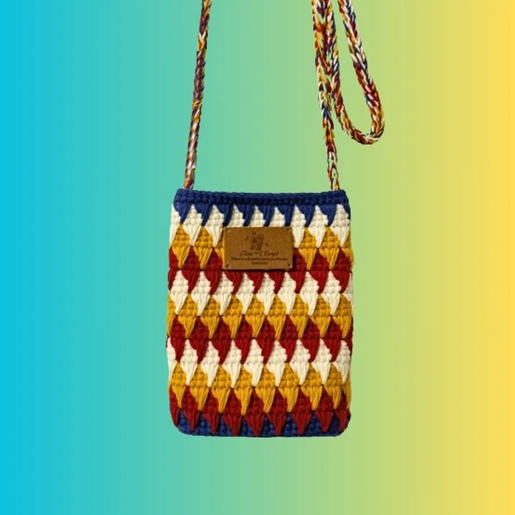 Lulusnow Handmade Yellow Navy Blue Classic Striped Patterns Crochet Phone Bag