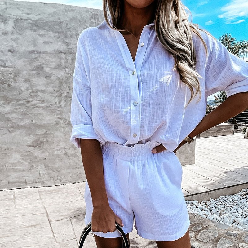 Summer Women Linen Shorts Set 2021 Turn-down Collar Long Sleeve Top Shirt And Shorts Casual Two Pieces Set Loose Outfit Female