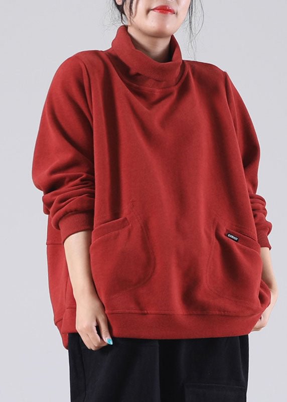 diy Red Turtle Neck Pockets Cotton Sweatshirt Street wear Winter CK1312- Fabulory