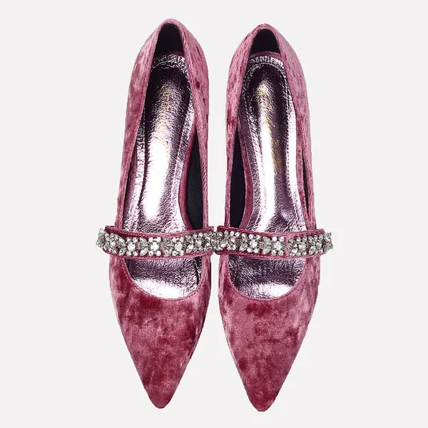 Plum Velvet Mary Jane Pumps with Rhinestones Vdcoo