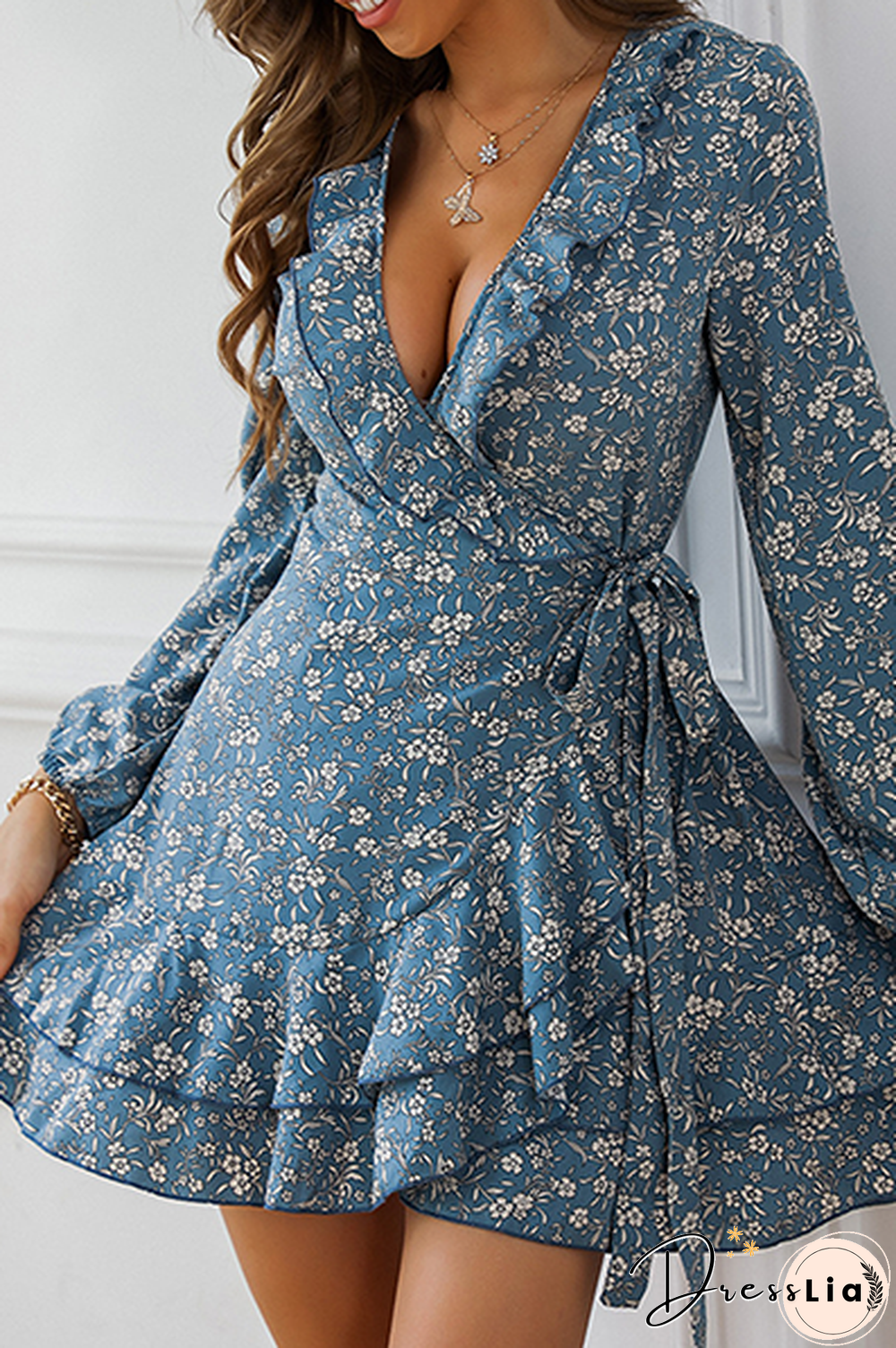 Elegant Floral Frenulum Flounce V Neck A Line Dresses