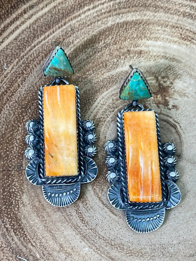 Highland Green Turquoise & Orange Spiny Sterling Earrings