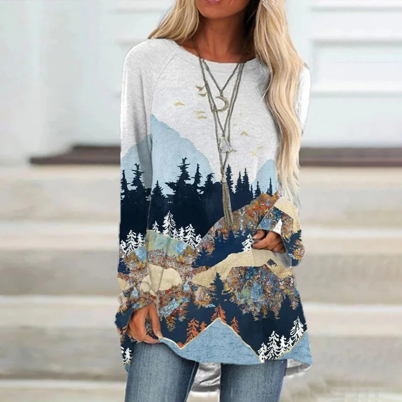 Casual Mountain Print Long-sleeved T-shirt