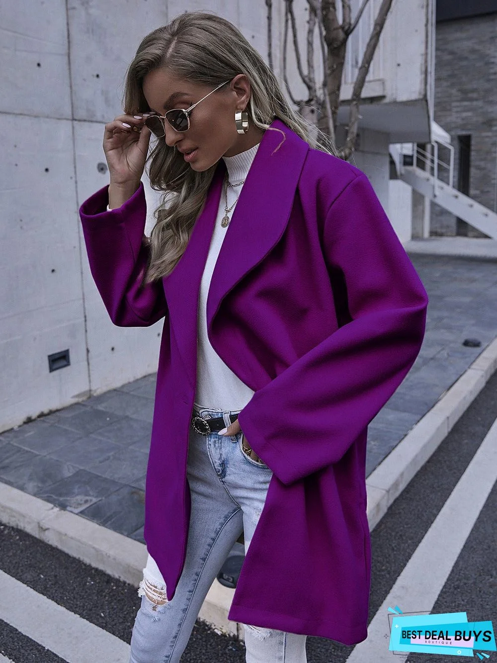 Solid Color Double Pocket Loose Woolen Coat