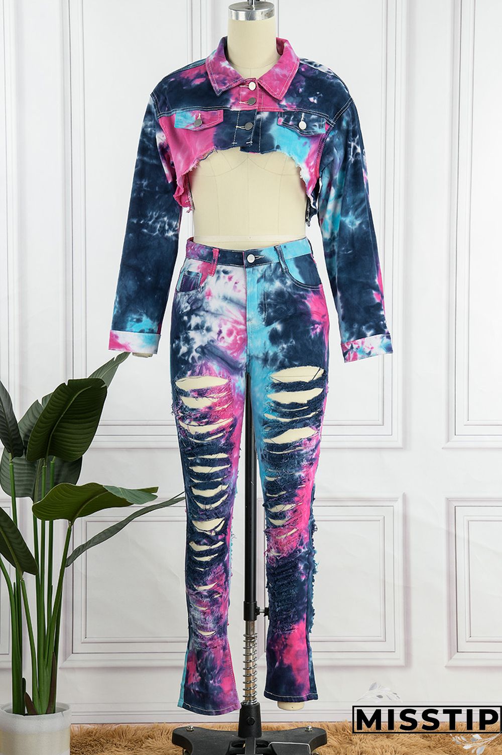 Deep Blue Casual Tie Dye Ripped Turndown Collar Long Sleeve Two Pieces