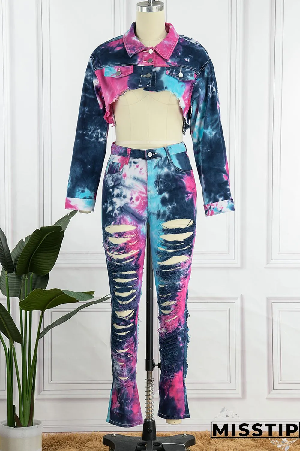Deep Blue Casual Tie Dye Ripped Turndown Collar Long Sleeve Two Pieces