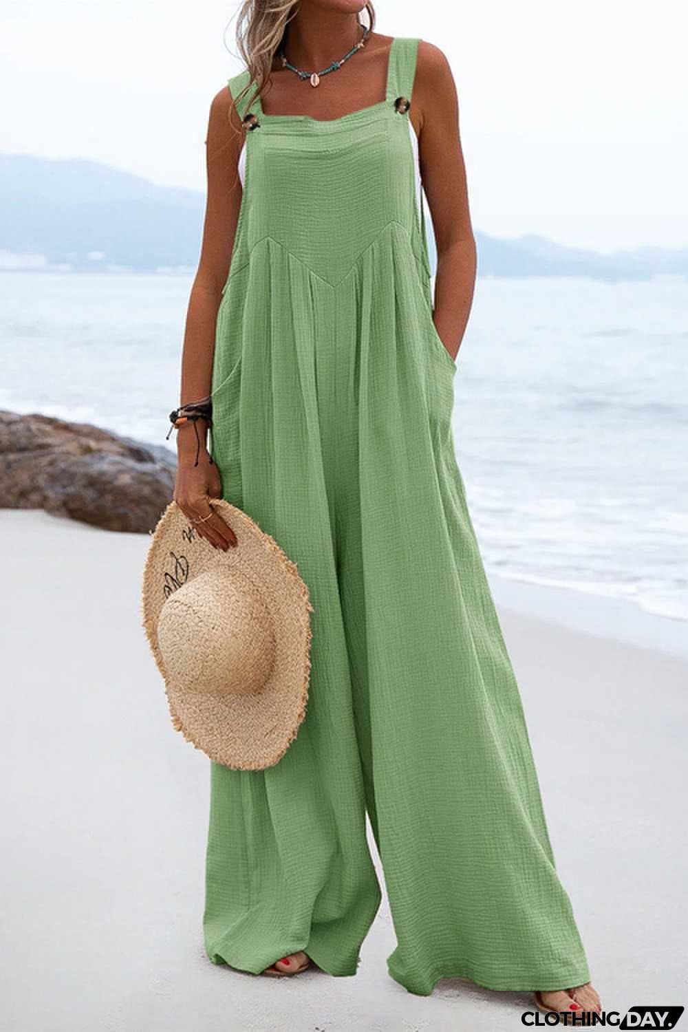 Solid Button Sling Wide-Leg Jumpsuit