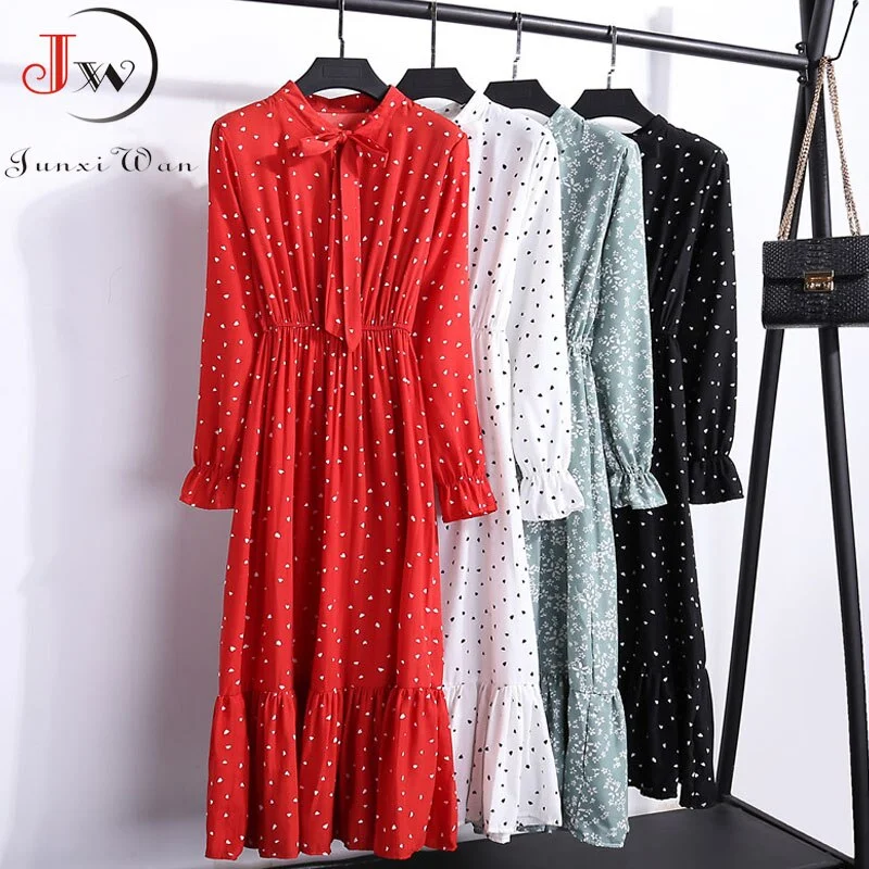 Autumn Chiffon Shirt Dresses Long Sleeve Polka Dot Plaid Office Vintage Dress 2022 Women Summer Casual Midi Floral Dress Vestido