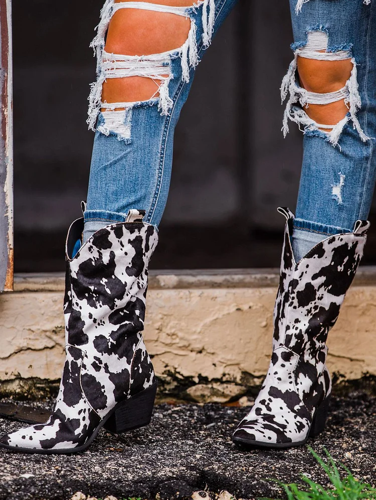 Chunky Heel Leopard Pattern Pointed Toe Boots