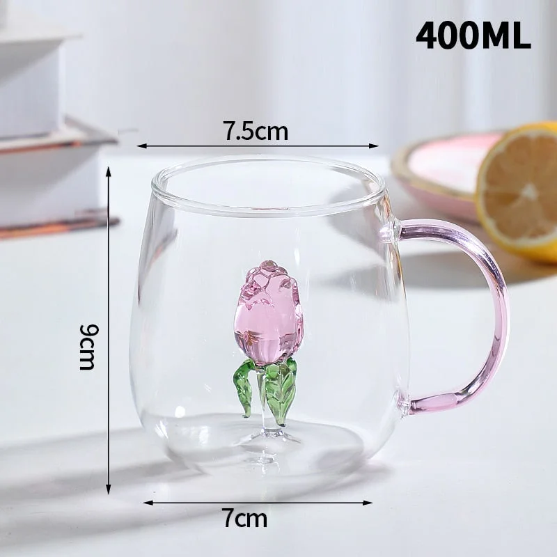 3D Rose Glass Cup with Handle Household Breakfast Cup for Juice Coffee Clear Mug cute Tea Milk Cup copas de cristal de colores