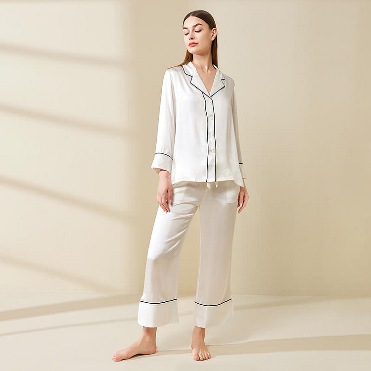 22 Momme Pure Silk Pajama Set With Contrast Piping-Chouchouhome