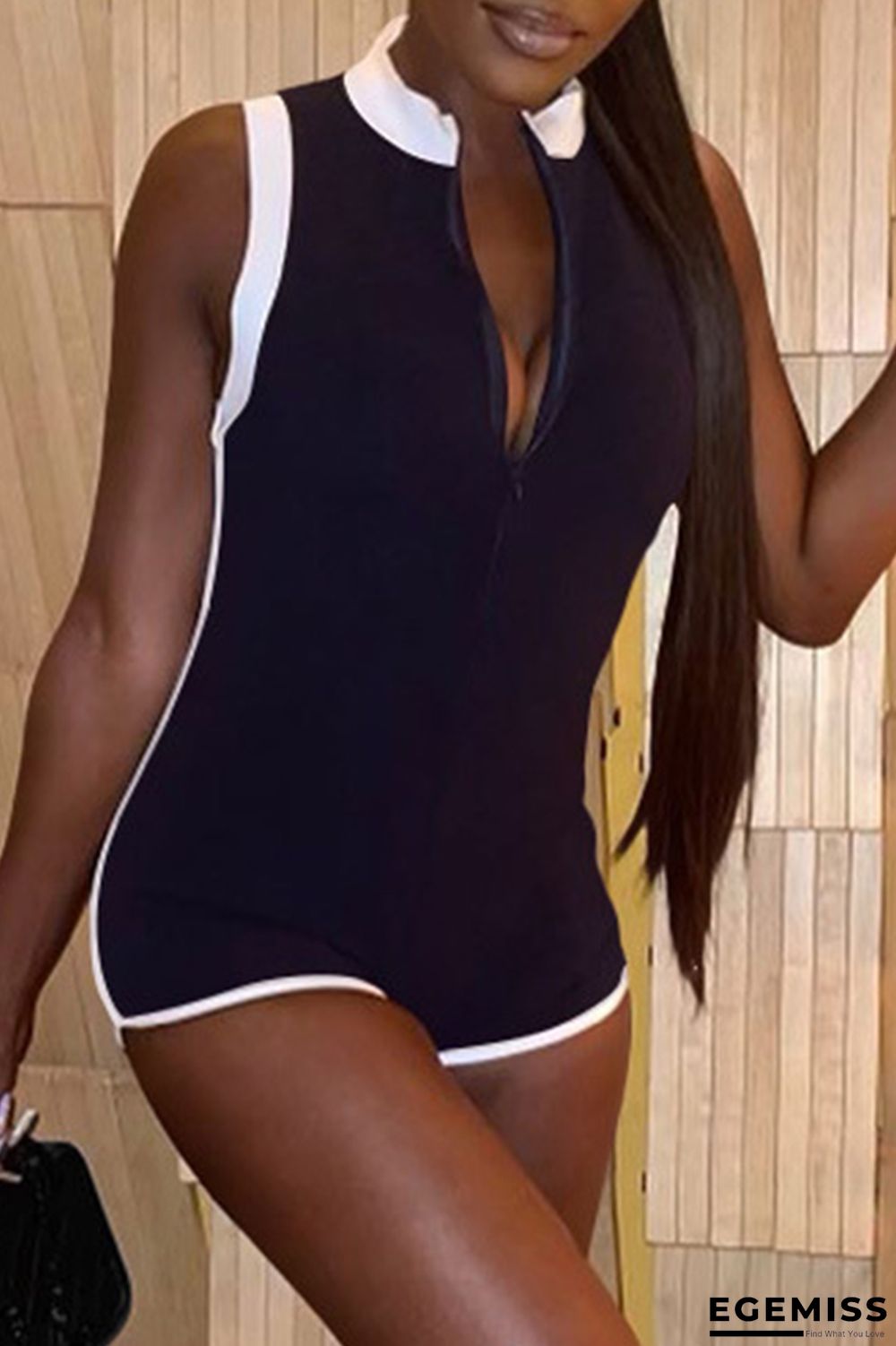 Black Fashion Casual Solid Patchwork Zipper Collar Skinny Jumpsuits | EGEMISS