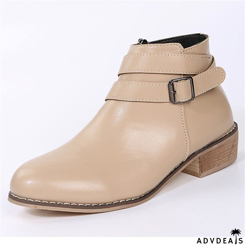 British Style Side Zipper Chunky Heels Metal Buckle Ankle Boots