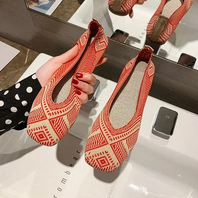 2020 Plus Size Spring New Ballet Flats Women Square Toe Knit Fabric Loafers Breathable Flat Heel Drive Shoes Driving Sneaker