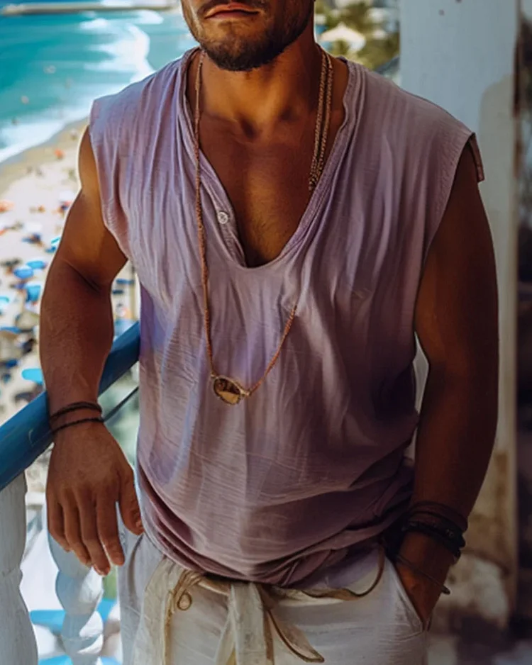 Men's Casual Loose Cotton and Linen Solid Color Tops
