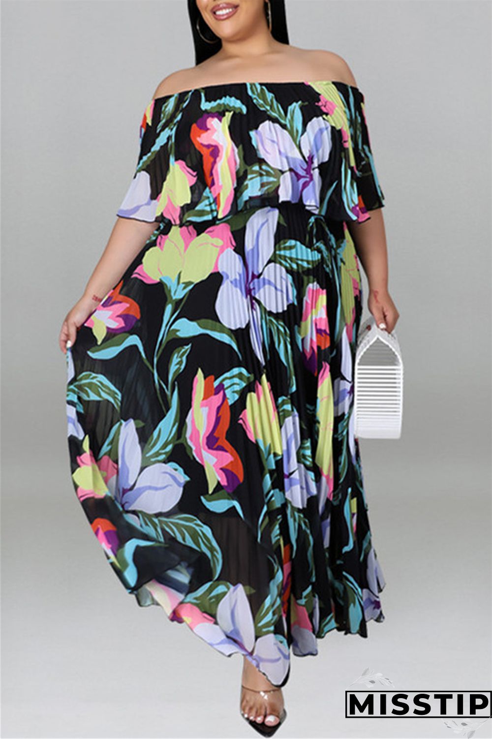 Black Fashion Casual Plus Size Print Patchwork Backless Off the Shoulder Long Dress