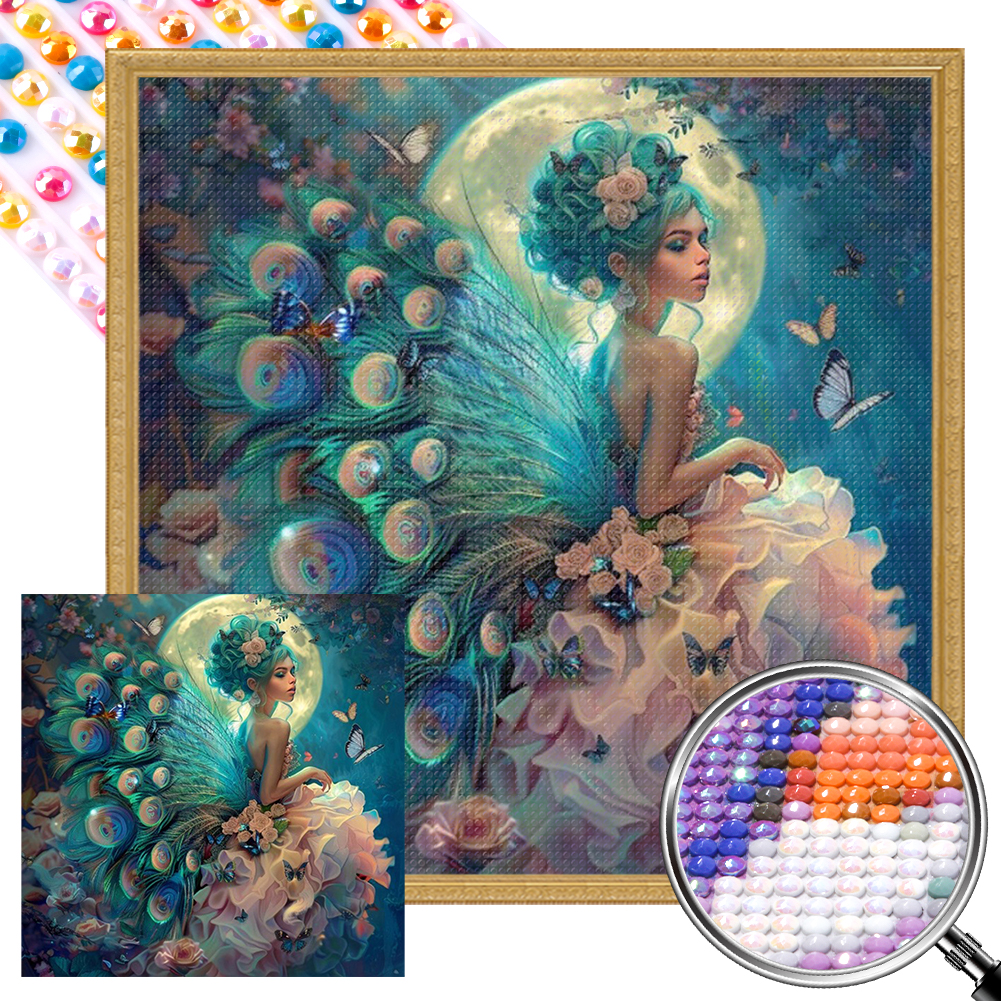 Peacock Girl 40*40cm(picture) full round drill diamond painting with 3 to 5 colors of AB drills