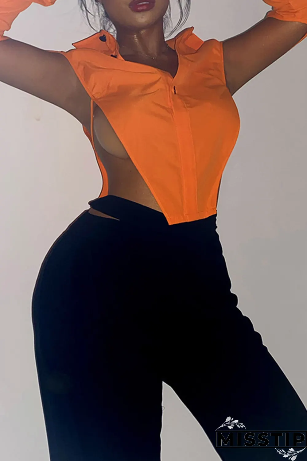 Grey Sexy Solid Hollowed Out Turndown Collar Tops