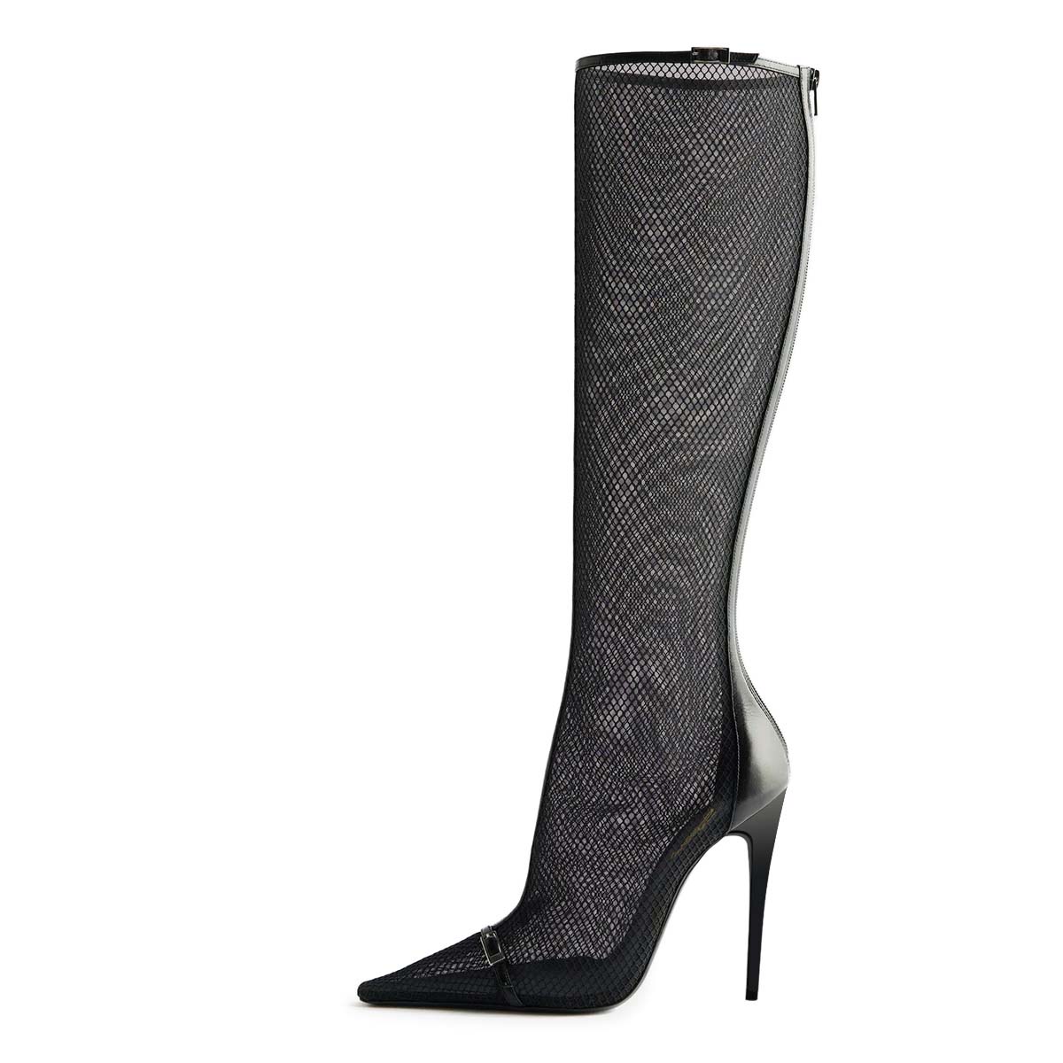 Black Mesh Buckle Strap Pointed Toe Stiletto Heel Zip Knee High Boots Nicepairs