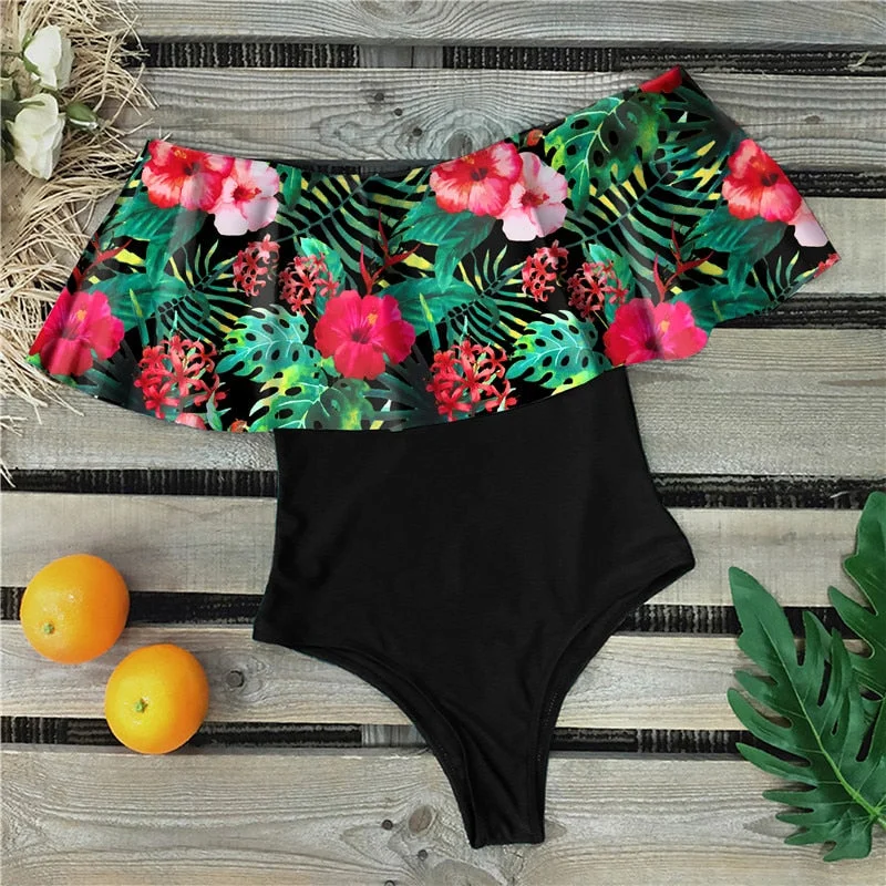 2021 Sexy Ruffle Women Swimwear One Piece Floral Print Swimsuit Push Up Monokini Bodysuit Print Swim Suit Bathing Suit Beachwear