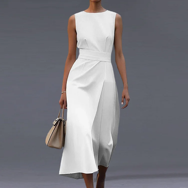 Formal Solid Round Neck Sleeveless Belt Midi Dress
