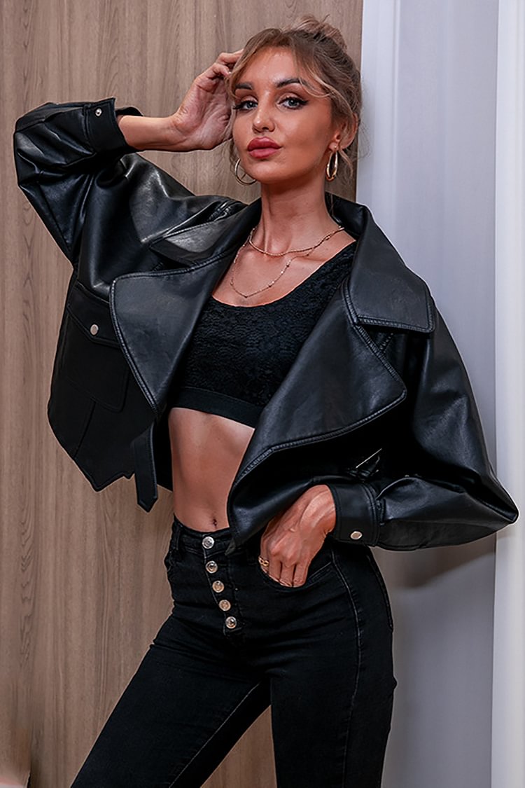 PU Leather Turndown Collar Crop Jacket
