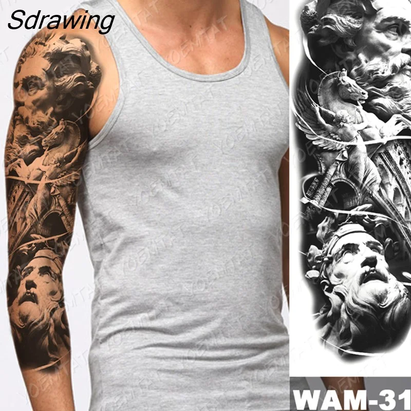 Sdrawing Arm Sleeve Tattoo Tiger Lion Wolf Owl Waterproof Temporary Tatto Sticker Crown Warrior Body Art Full Fake Tatoo Men Women