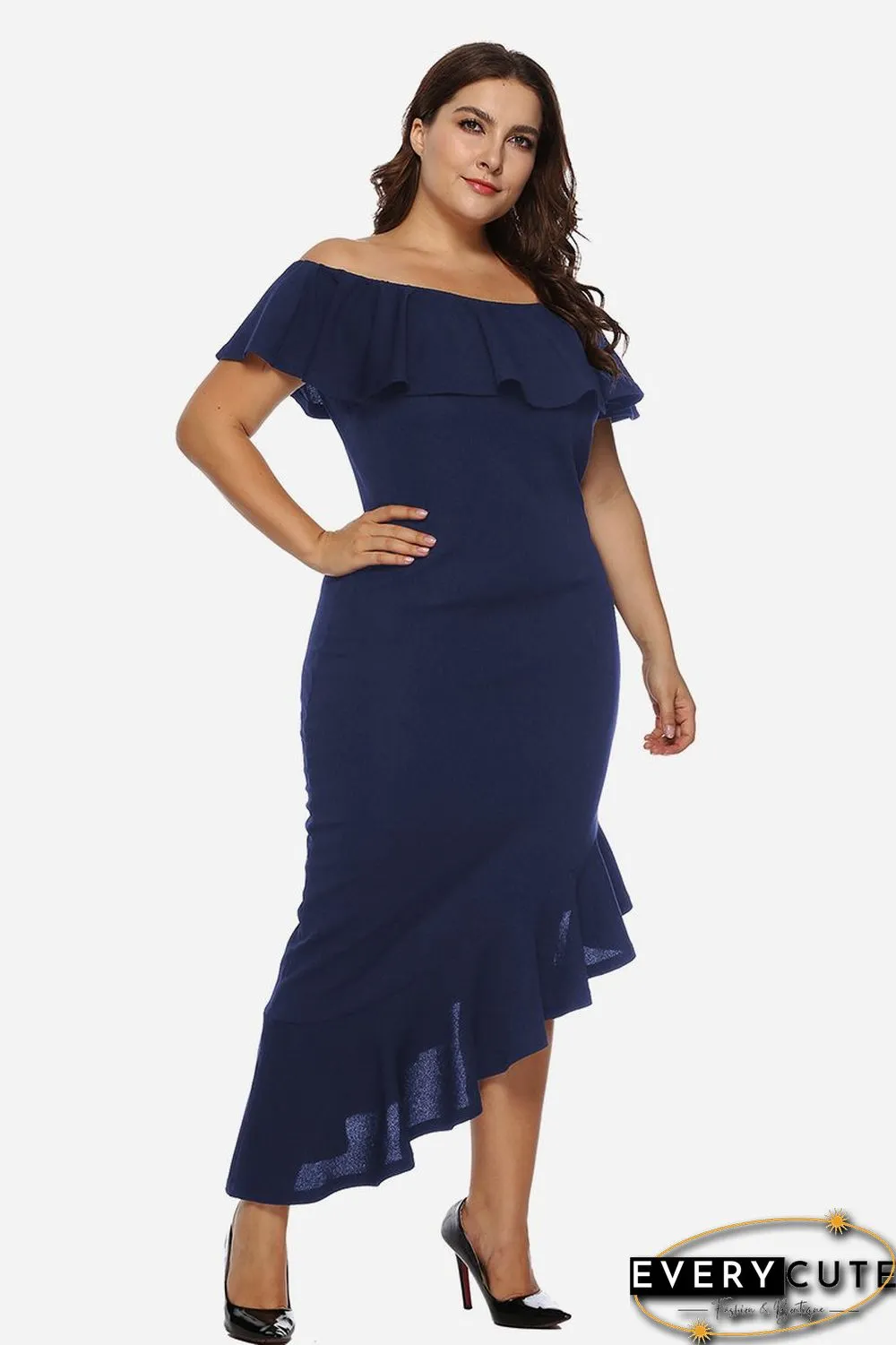 Off-shoulder Ruffle-detail Asymmetric-hem Dress P13687