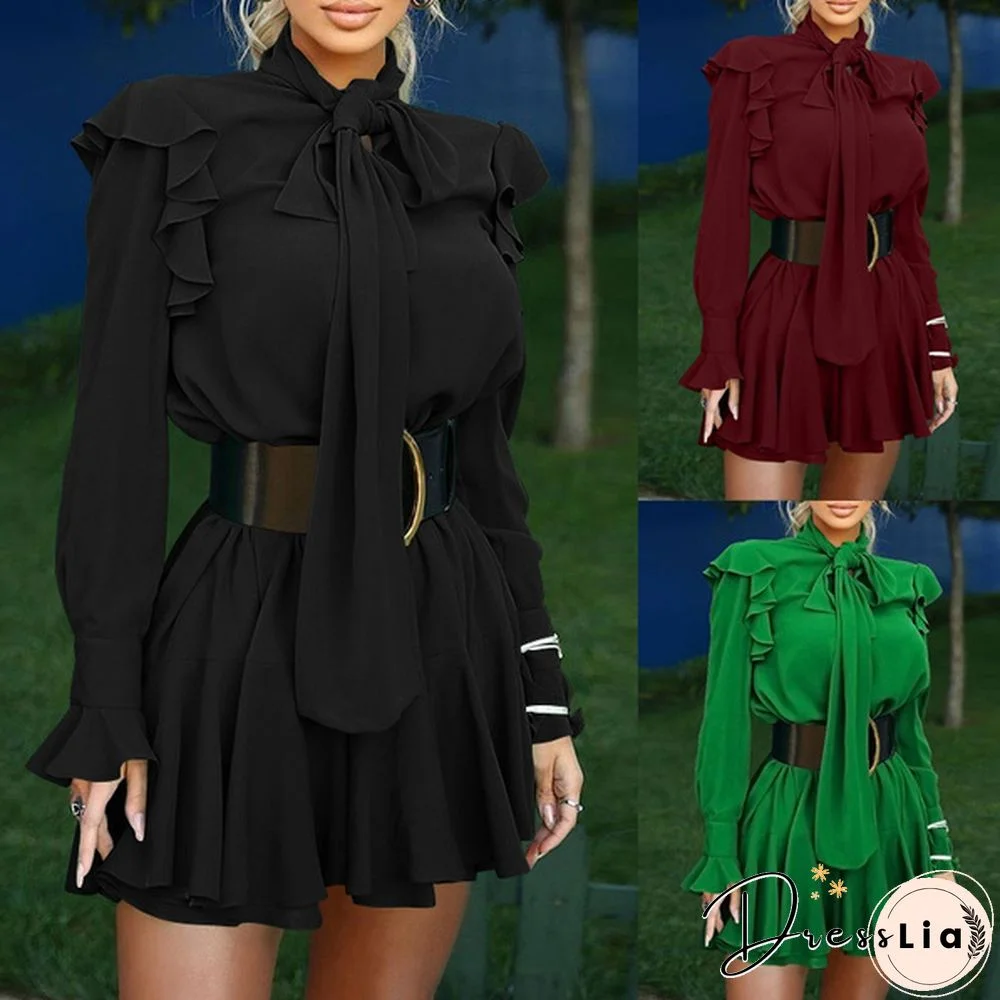 Women Long Sleeved Mini Dress Vestidos Bowknot Ruffled Party Elegant Casual Pleated Short Dress Plus Size