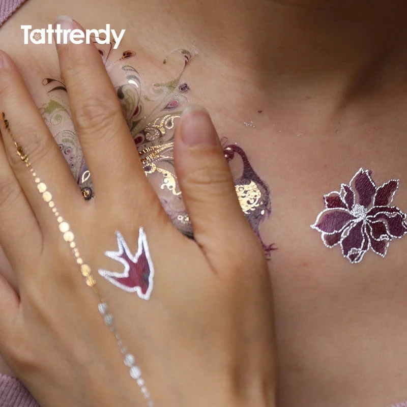 Flash Metallic Waterproof Tattoo Temporary Color Gold Silver Women Fashion Peacock Feather bird Design Sticker on the body YH119