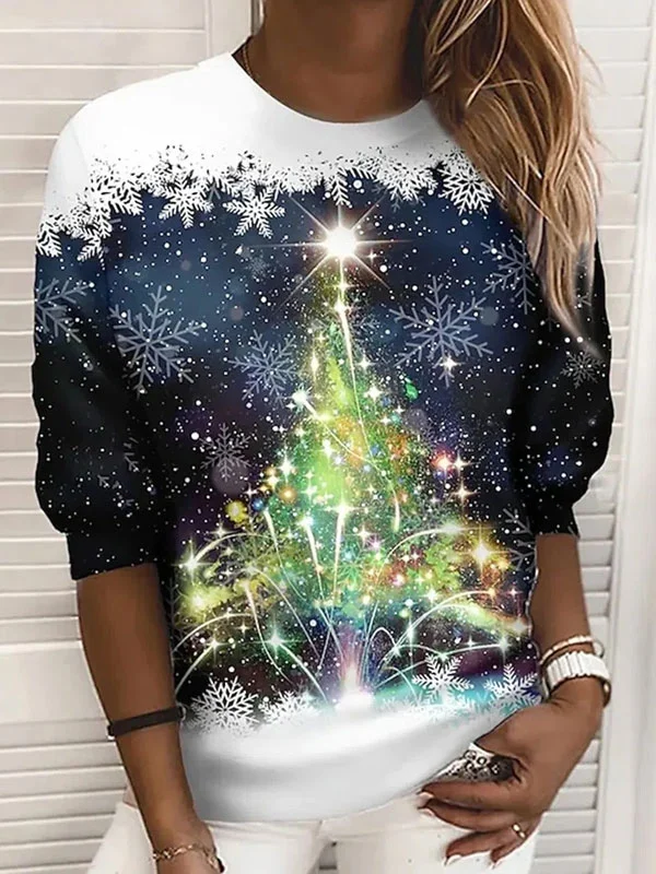 Sparkling Christmas tree print long-sleeved ladies' tops