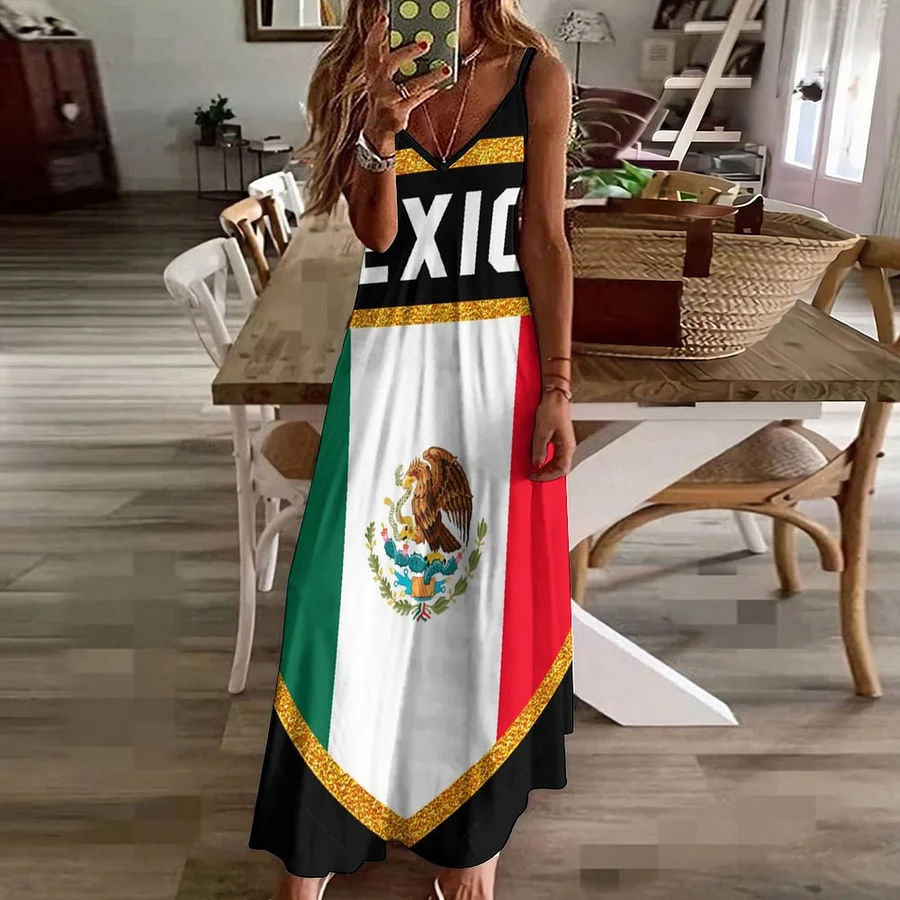 Mexico Flag Women's Casual Strappy V Neck Sleeveless Flowy Loose Long Maxi Beach Dress Sundress Flag-L