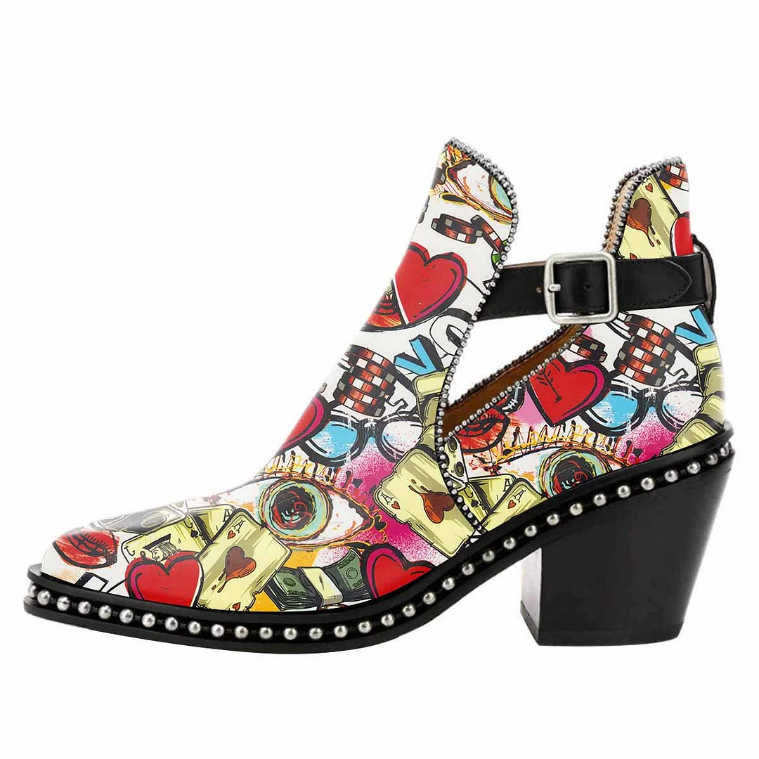 Multicolor Chunky Heel Cartoon Poker Studded Buckle Strap Ankle Boots