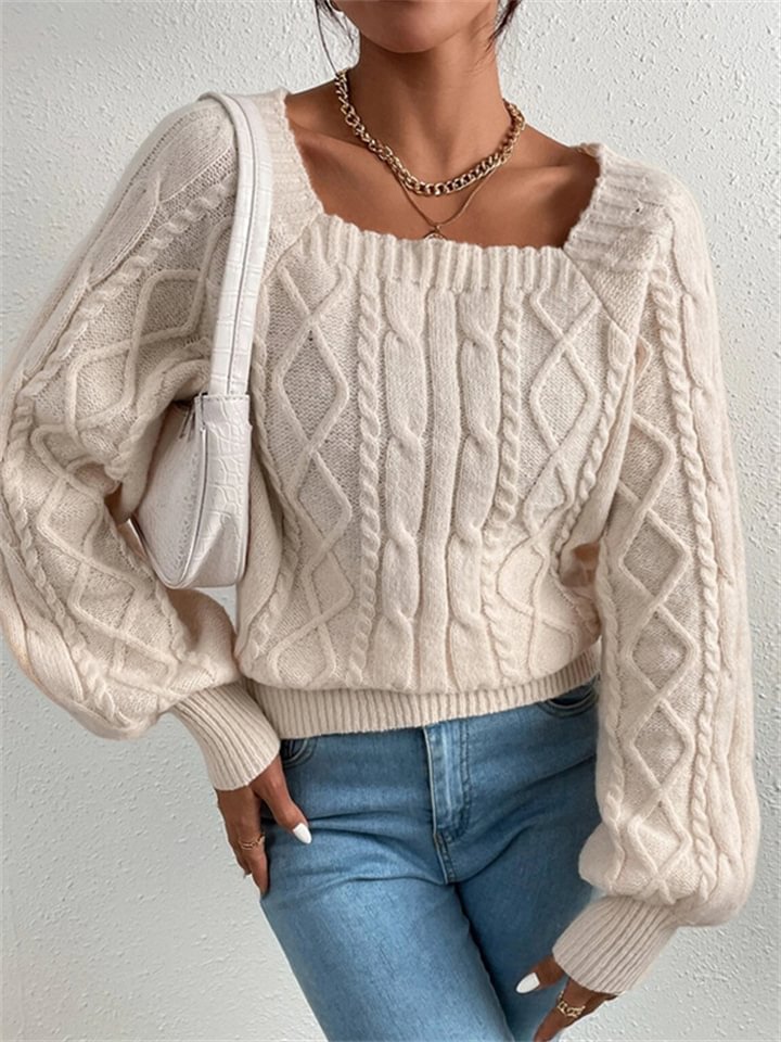 Solid Color Square Neck Fashion Loose Knit Sweater