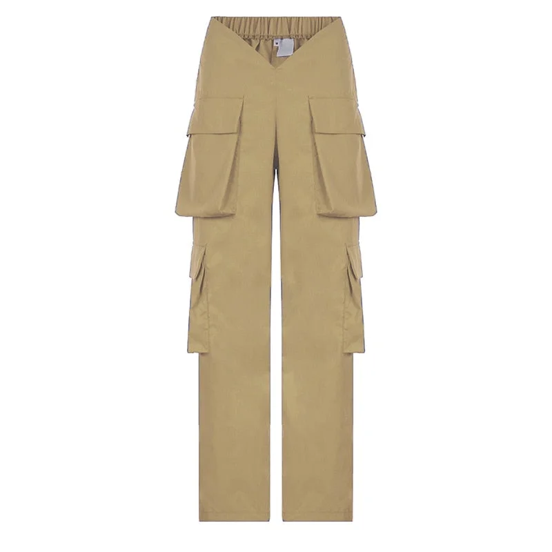 BIIKPIIK High Wasit Solid Pockets V Wasit Loose Cargo Pants Overalls Female Streetwear Lounge Straight Trousers Flat Woven Pant