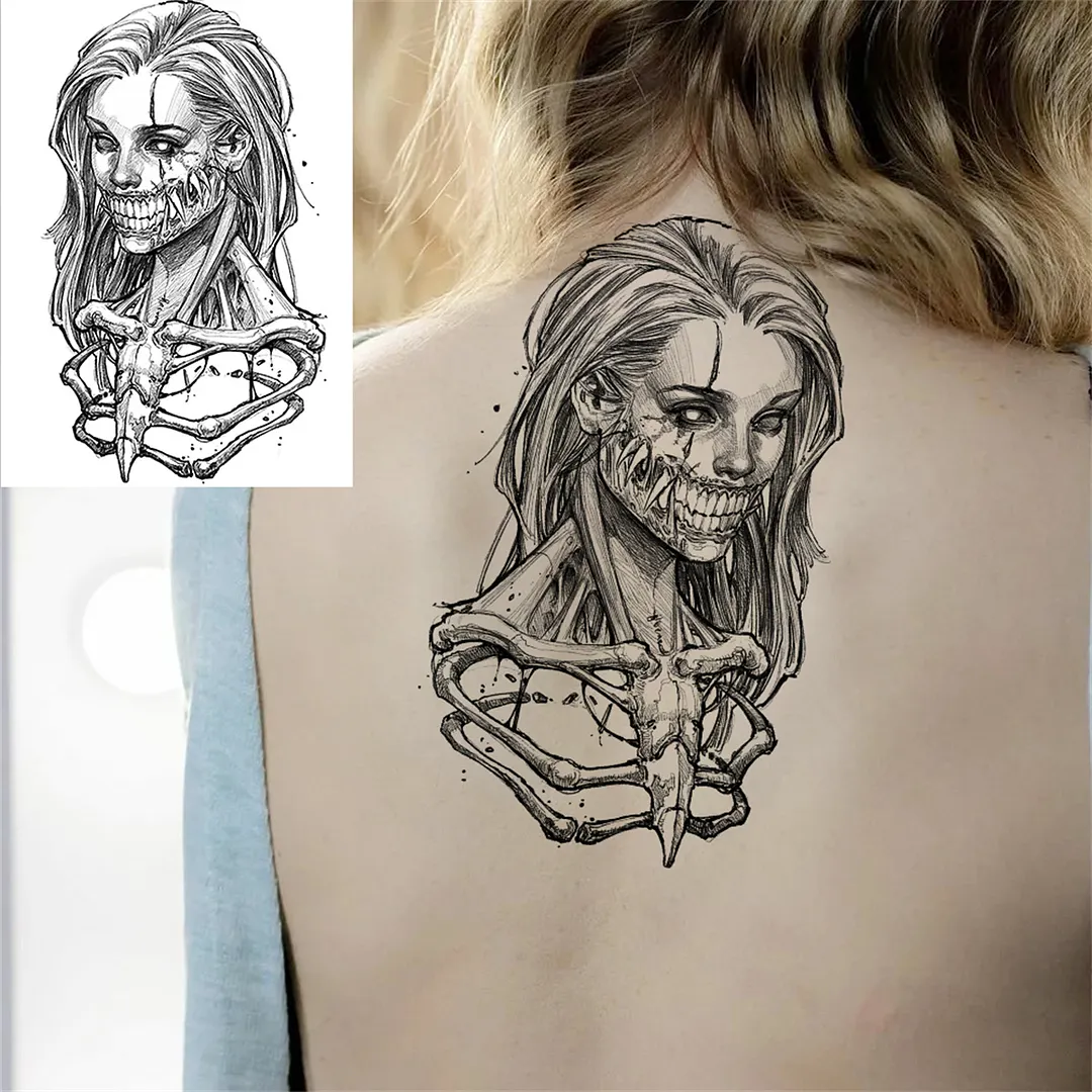 Sdrawing Anchor Skull Temporary Tattoos For Women Men Adult Pirate Black Skeleton Tattoo Sticker Fake Wolf Lion Tiger Tatoos Back
