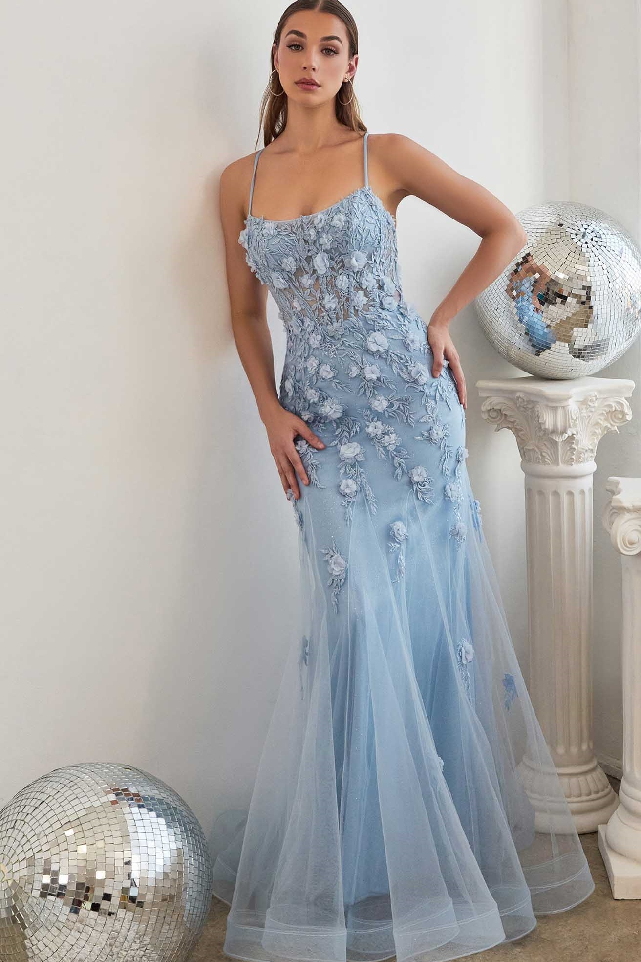 Ovlias Glamorous Blue Spaghetti Strap Flower Tulle Ribbon-tied Evening Dress LY0689