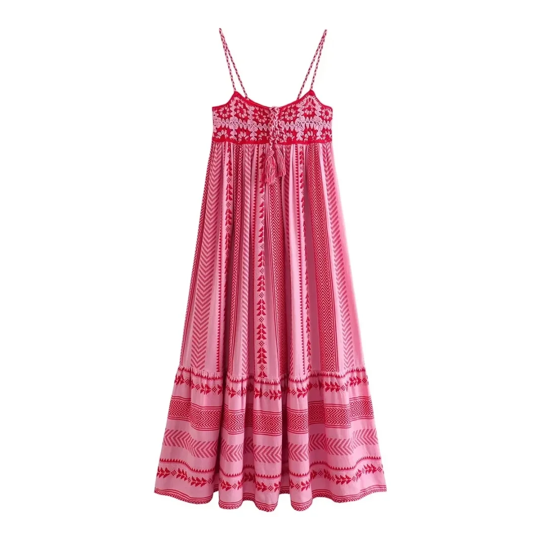 Women Bohemian Vacation Charm Splice Knitted Vintage Strap Maxi Dress