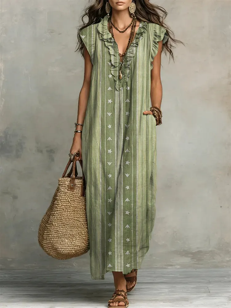Women's Bohemia Print Casual Ruffled Stylish Cotton Linen Dress