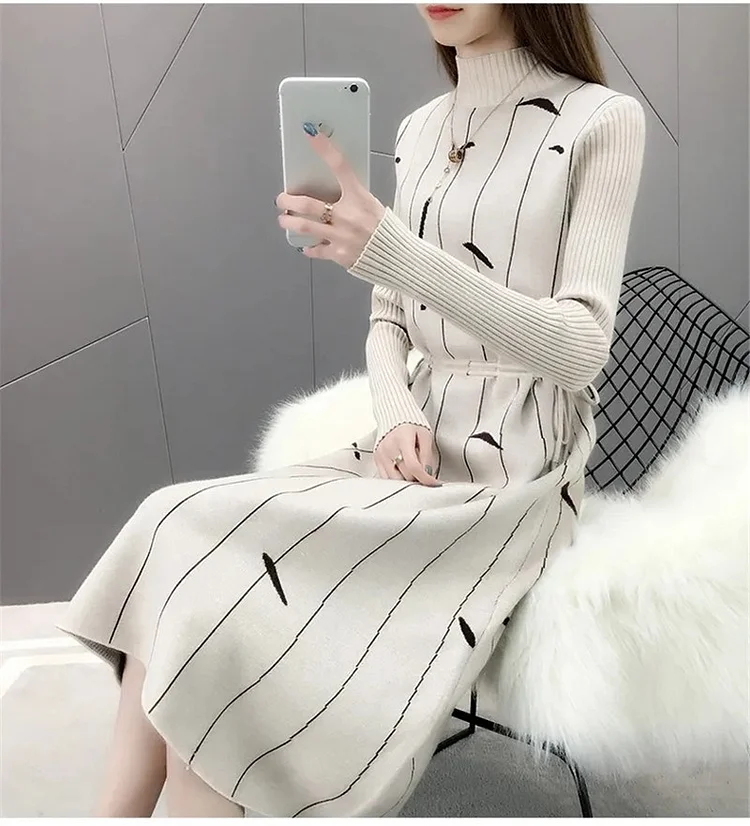 Fashion Knitted Pullovers Half Turtleneck Long Sleeve Sweater Dress