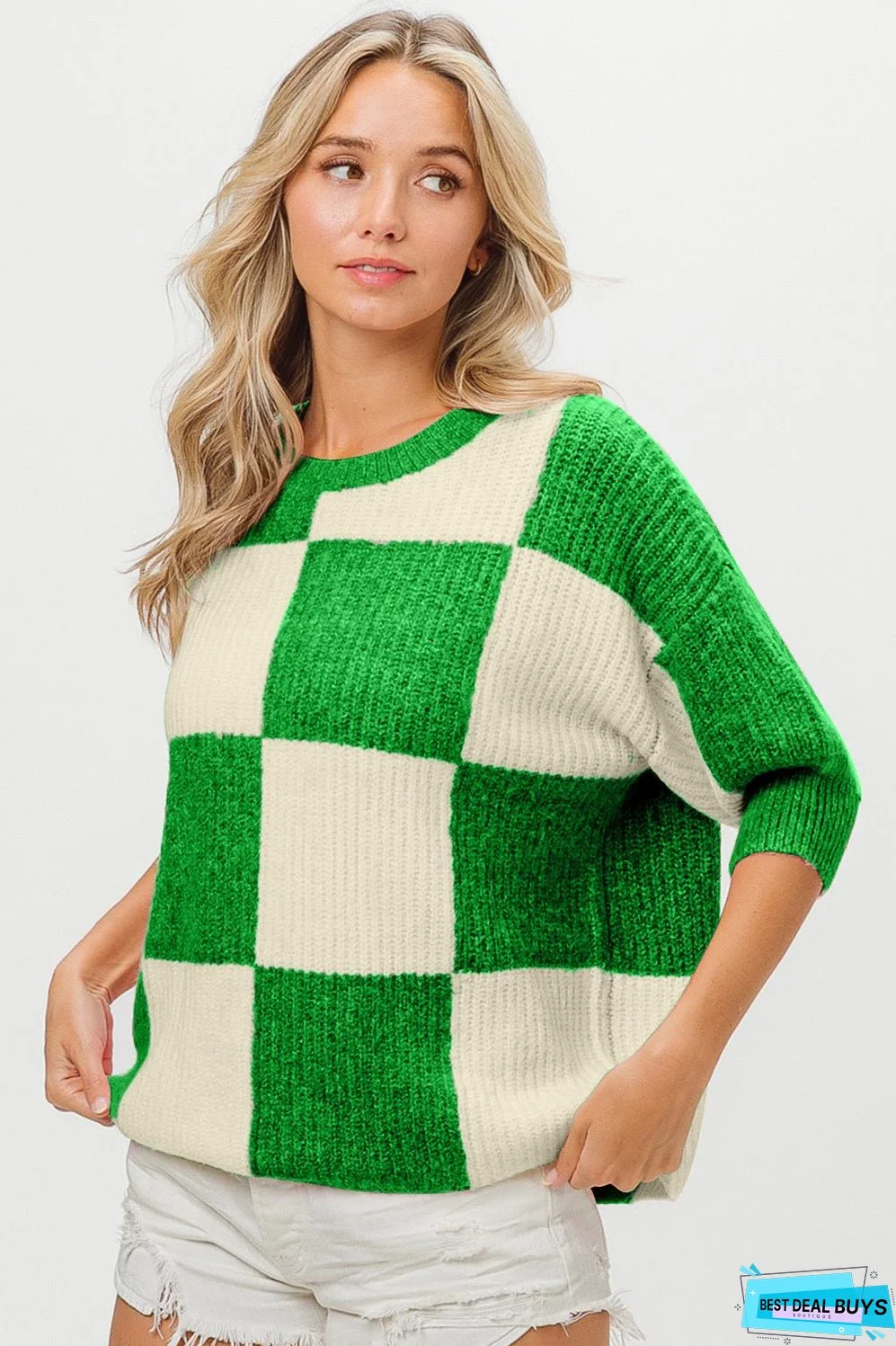 BiBi Checkered Contrast Round Neck Sweater