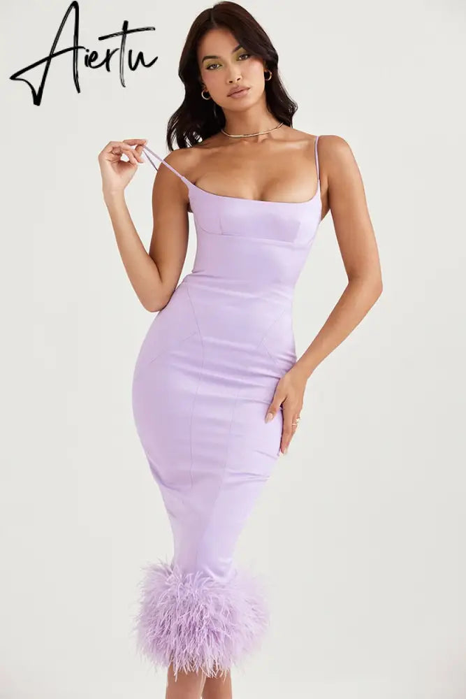 Women's Summer Dress Line Neck Sling Sleeveless Off Shoulder Solid Dress Sexy Backless Tight Purple Feather Dress Aiertu
