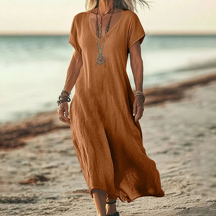 Women's Solid Color V-neck  Linen Blend  Short Sleeve Dress