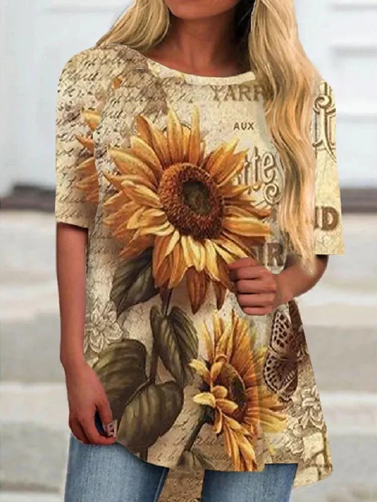 Women Short Sleeve Scoop Neck Casual Floral Printed Top
