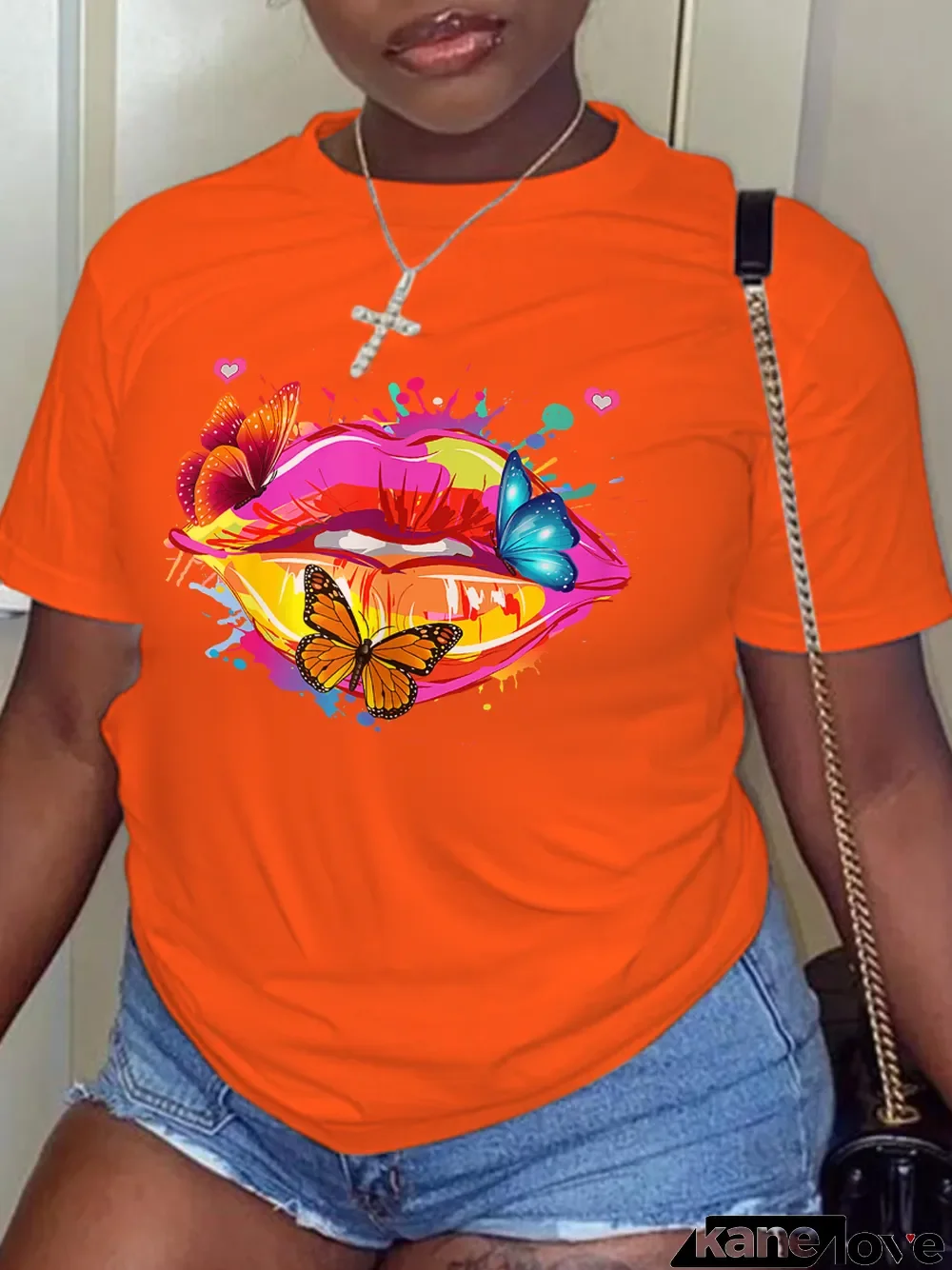 Orange Street Lips Printed Patchwork O Neck T-Shirts