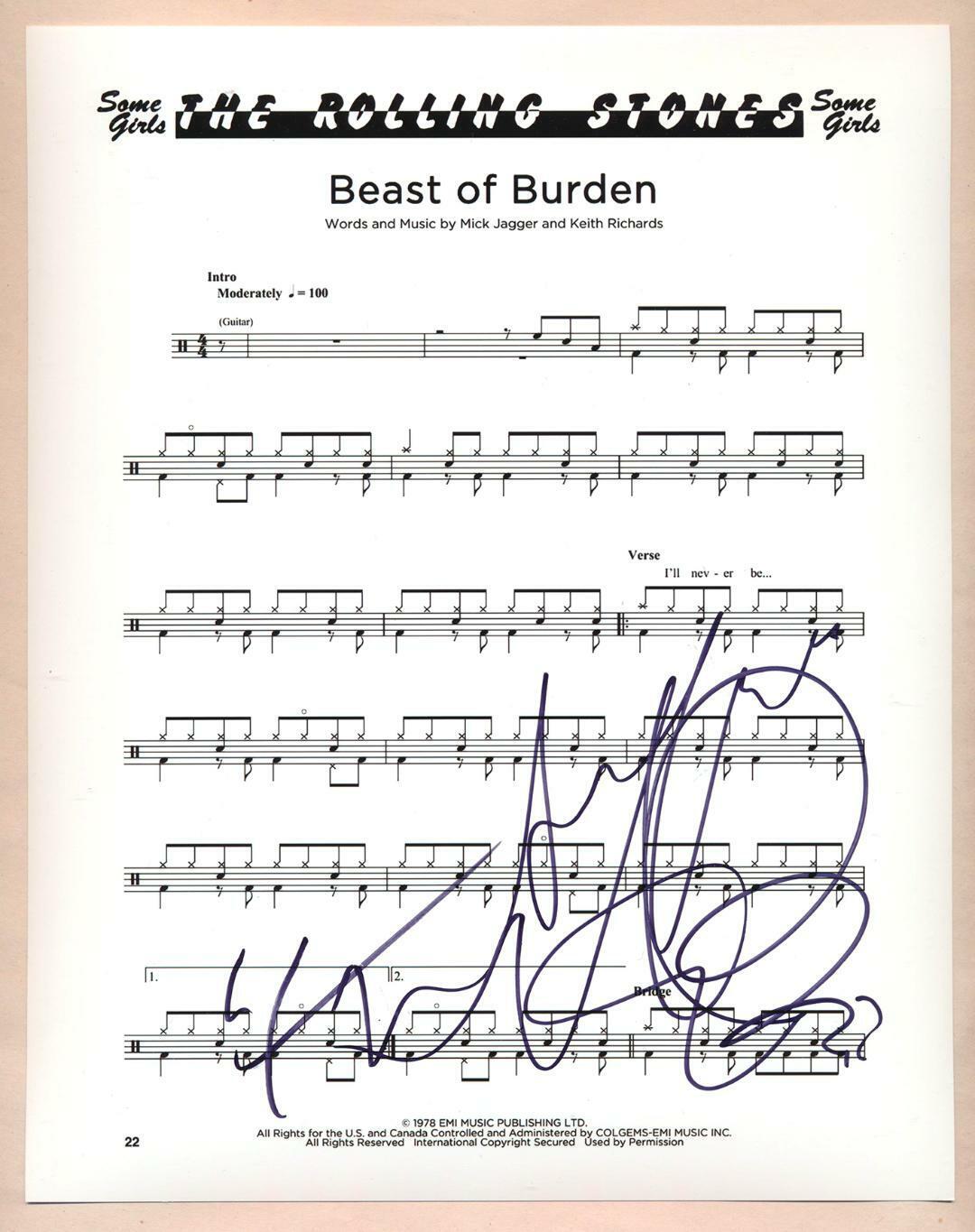 Charlie Watts Rolling Stones REAL SIGNED Beast Of Burden Sheet Music COA